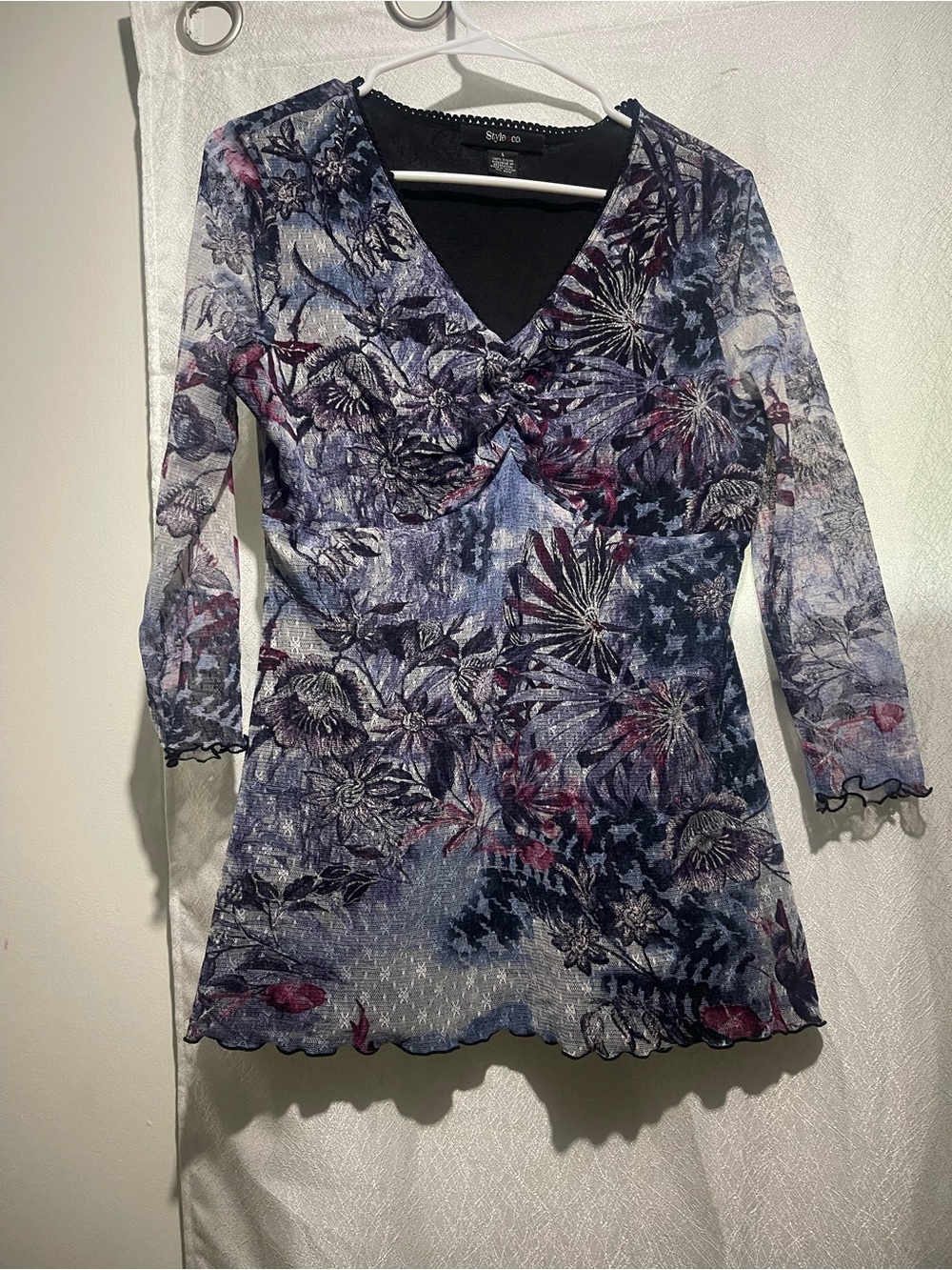 Style & Co. Black Floral Mesh V-Neck Top